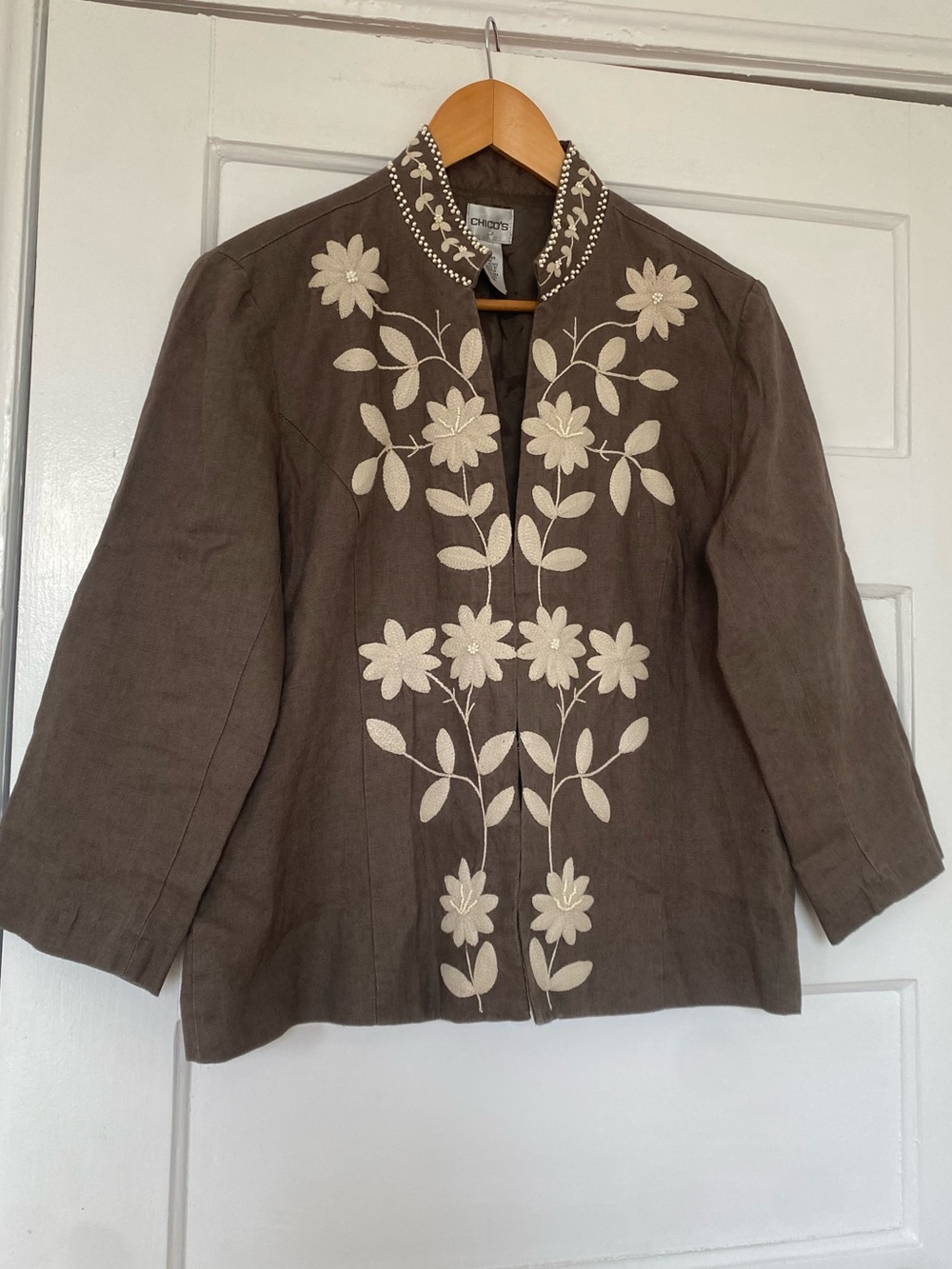 Chicos floral embroidered beaded linen coat